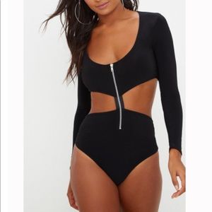 Black Zip Front Cut Out Slinky Bodysuit